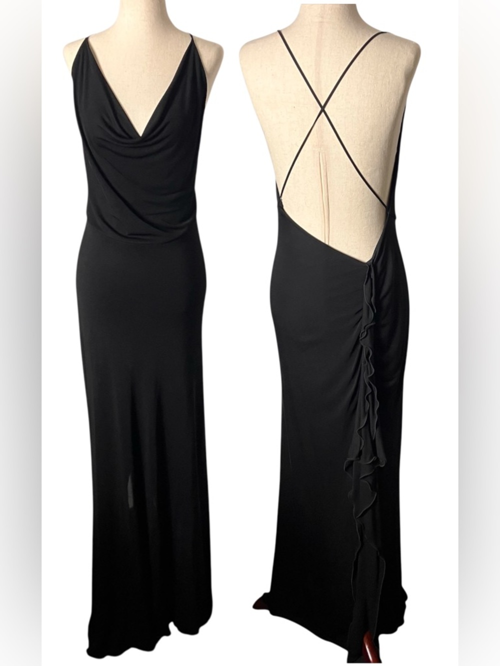 90s YIGAL AZROUEL Vintage Cowl Drape Low Back Black Long Maxi Dress 4 Small